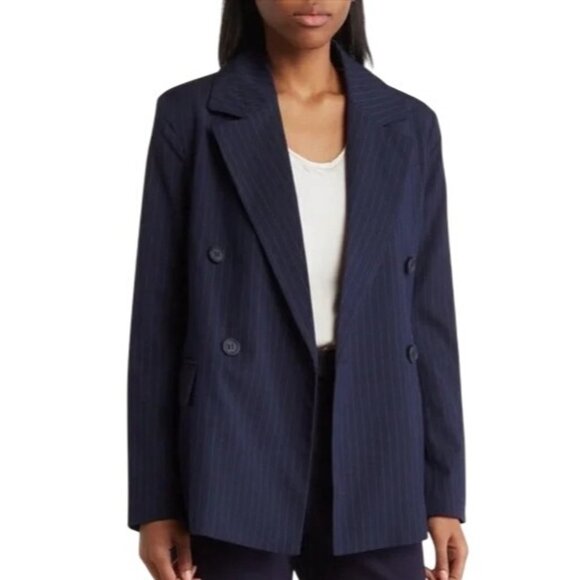 NWT Avec Les Filles Tailored Navy Double Breasted Pinstripe Blazer Jacket 2X - Picture 1 of 10